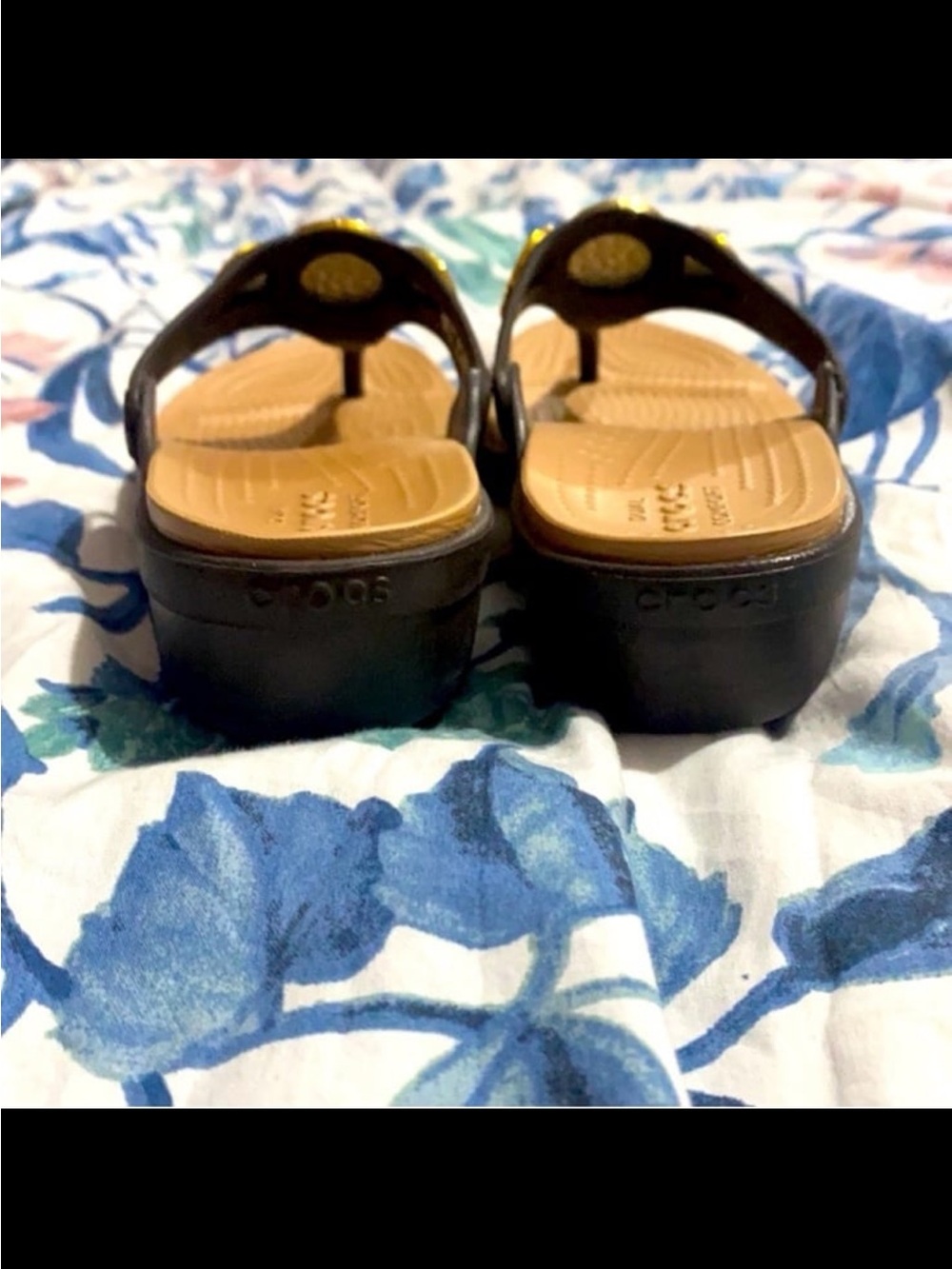 CROCS Womenâs Black Strap Sandals with Tan Footbed and Gold Detail